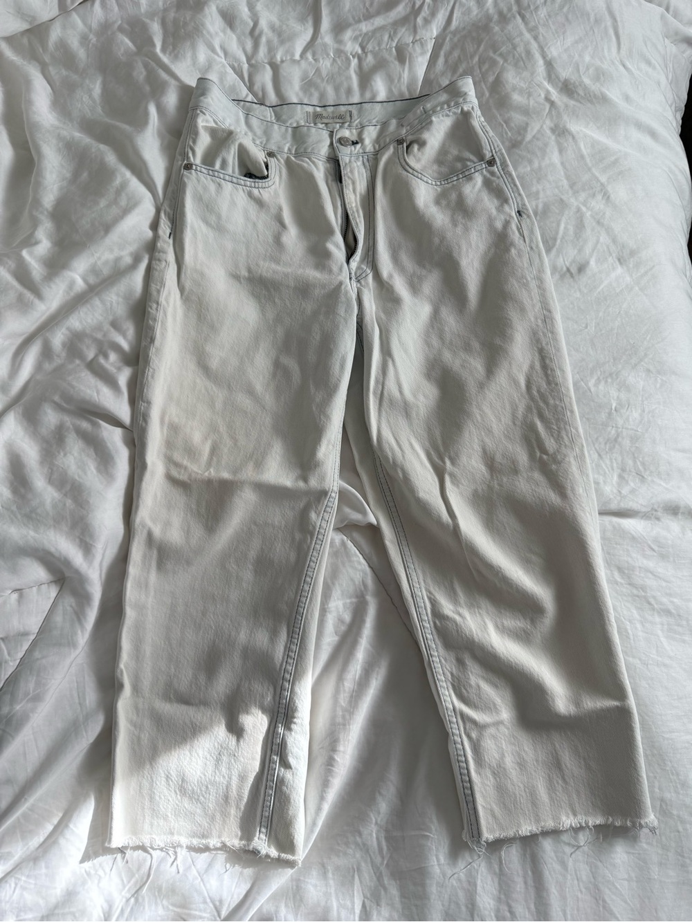 Madewell High Rise Tapered Wide Leg Crop Jeans Off White Navy Raw Hem 27